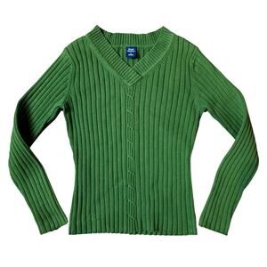 High Sierra L Green Ribbed V-Neck Cotton Blend Sweater Made in Australia 90s/Y2K